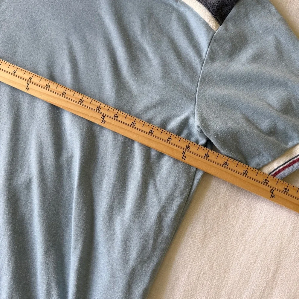 60's Thumbs Up Sears Blue Knit Shirt‎ Terry Shoulder Colorblock Large Distressed